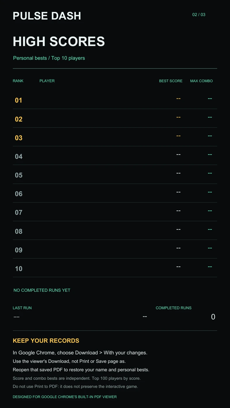 Pulse Dash records page with a personal top-ten table and the instructions for saving with changes
