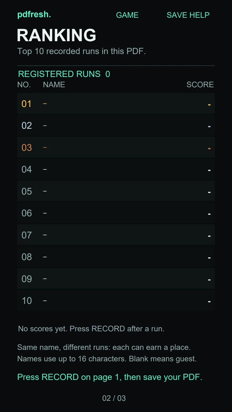 The PDF ranking page with space for the ten highest named runs