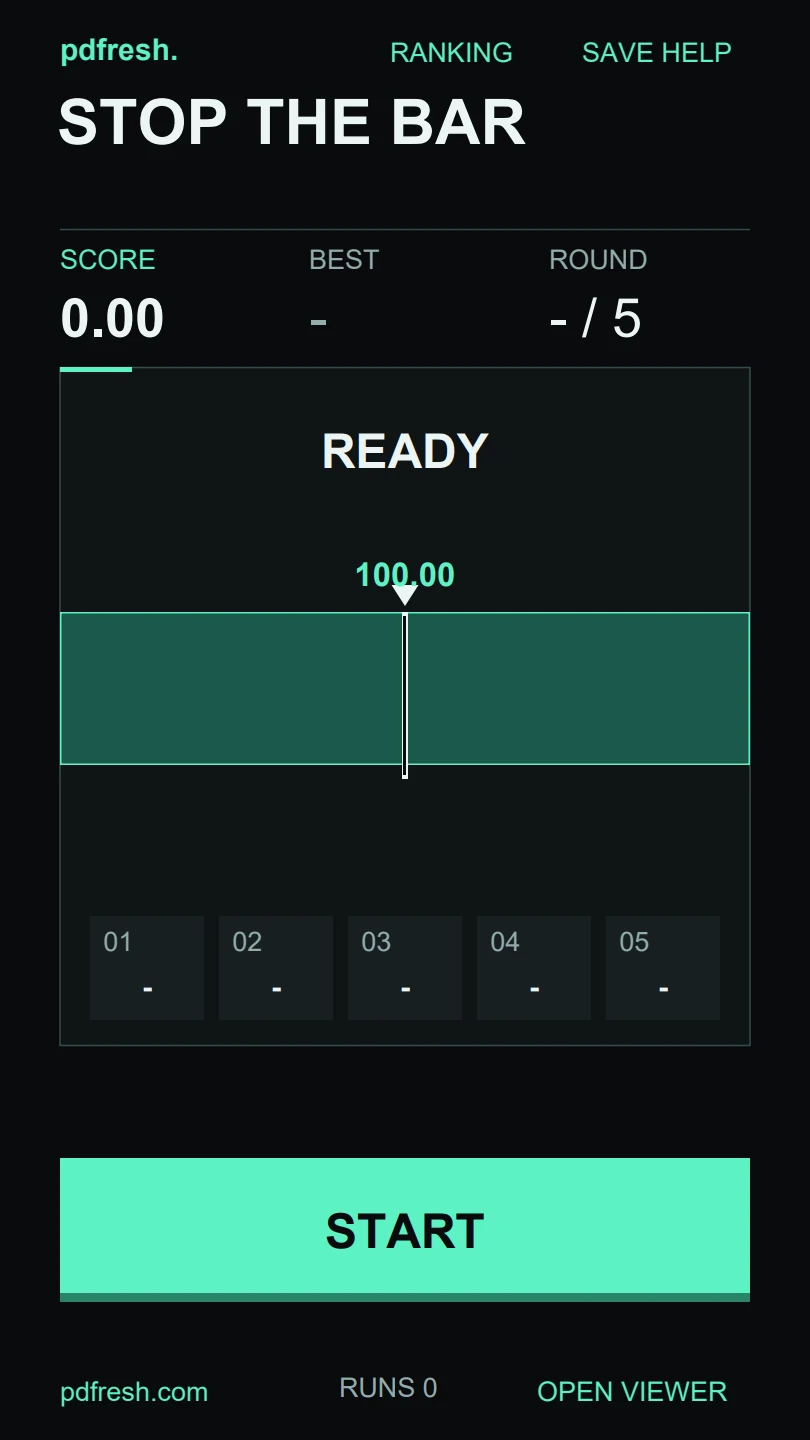 Stop the Bar PDF title screen with a central target, five round scores and a start button