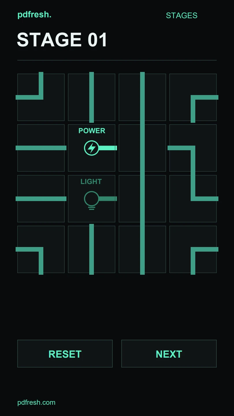 Stage 1: a four by four pipe puzzle with fixed power and light endpoints